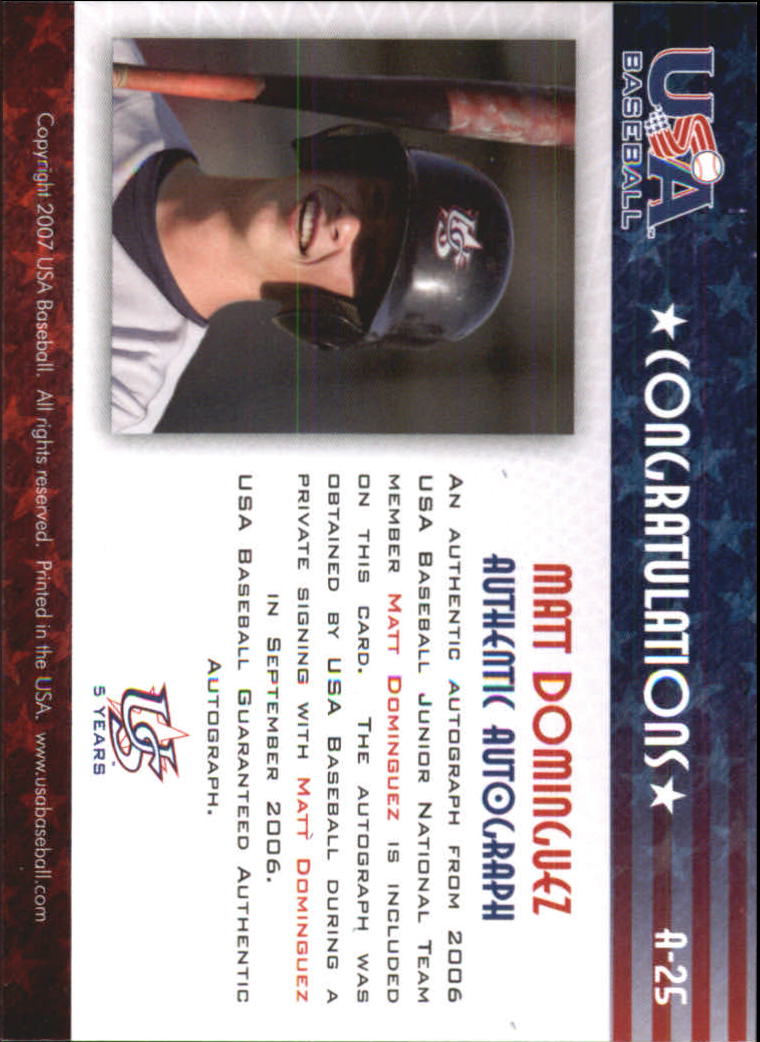 2006-07 USA Baseball Signatures Black #25a Matt Dominguez Action/545 * back image