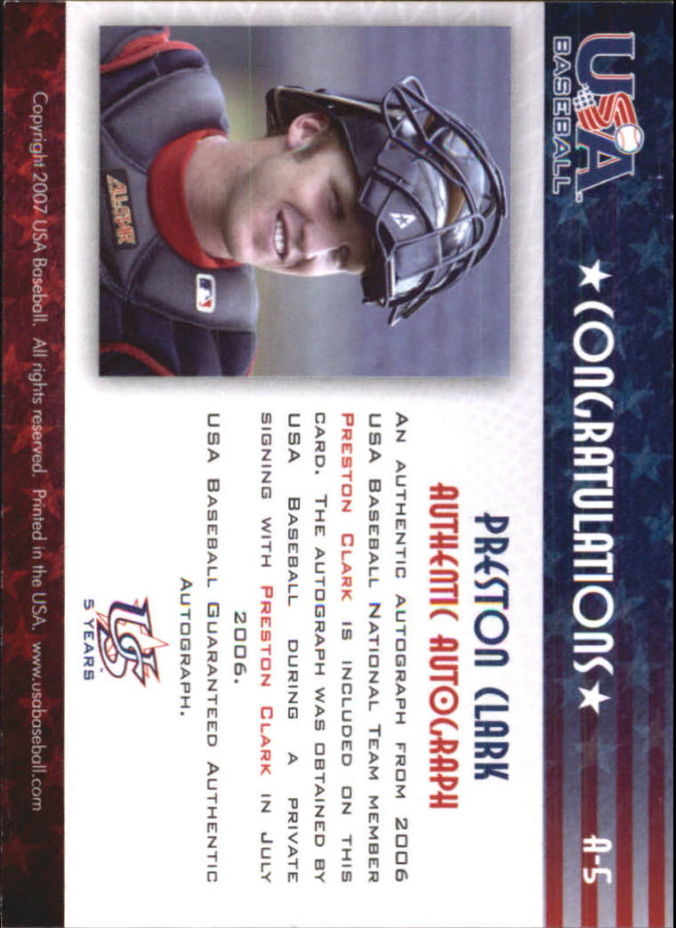 2006-07 USA Baseball Signatures Blue #5 Preston Clark back image