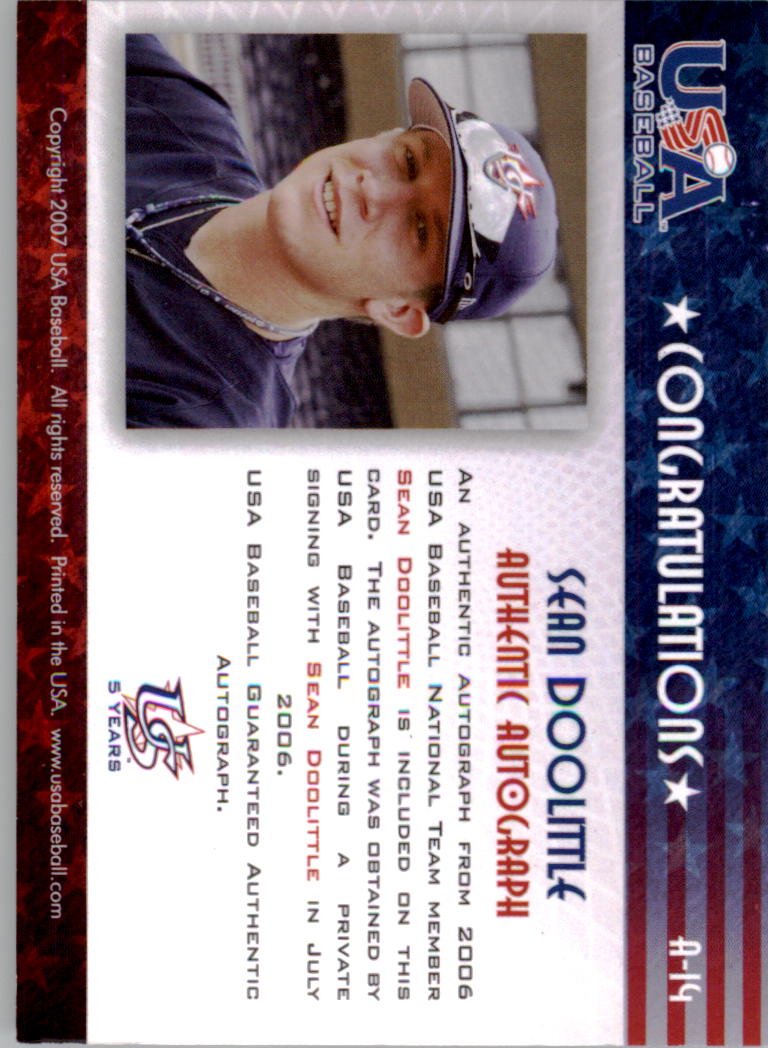2006-07 USA Baseball Signatures Blue #14 Sean Doolittle back image