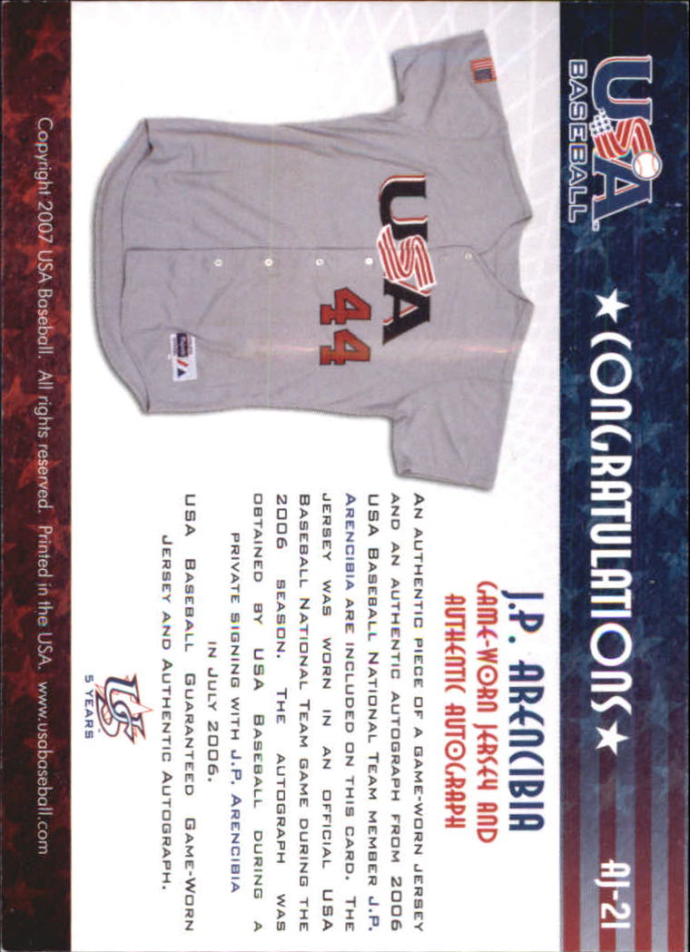 2006-07 USA Baseball Signatures Jersey Black #21 J.P. Arencibia back image