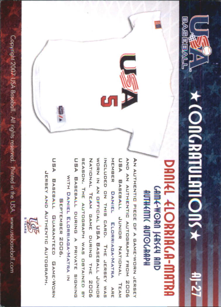 2006-07 USA Baseball Signatures Jersey Black #27 Daniel Elorriaga-Matra back image