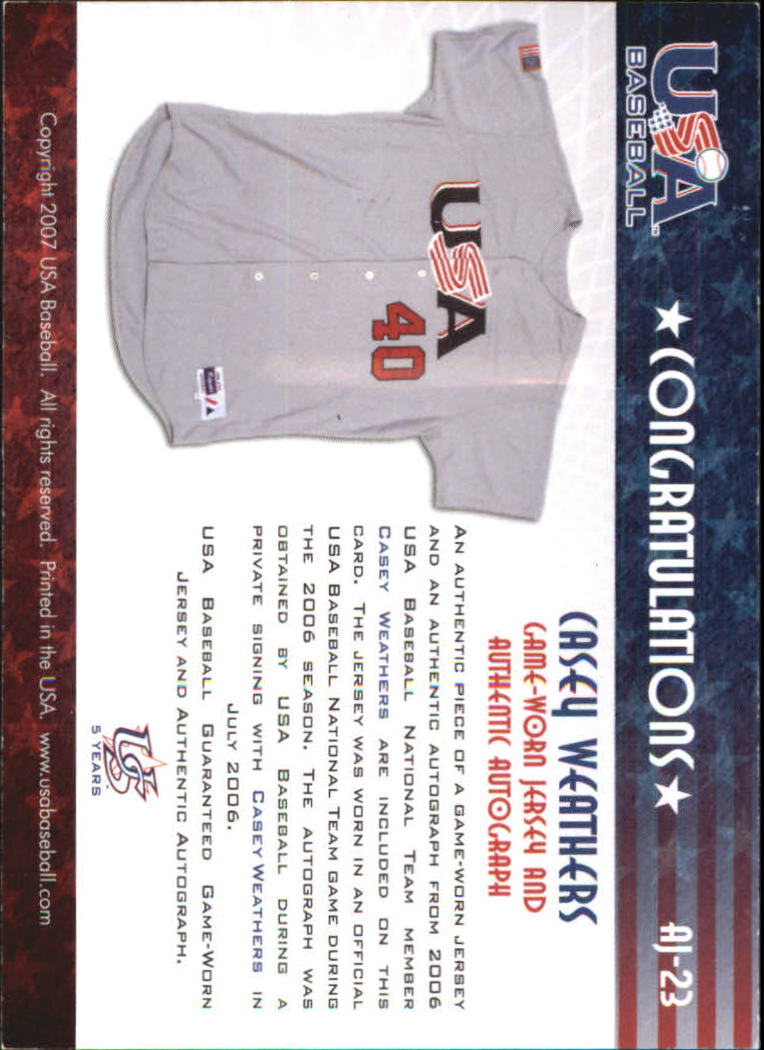 2006-07 USA Baseball Signatures Jersey Blue #23 Casey Weathers/125 back image