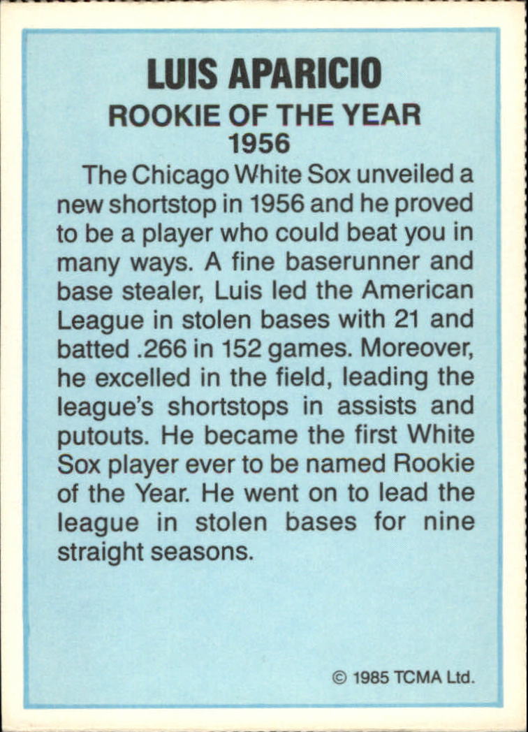1985 TCMA Rookies of the Year #9 Luis Aparicio back image