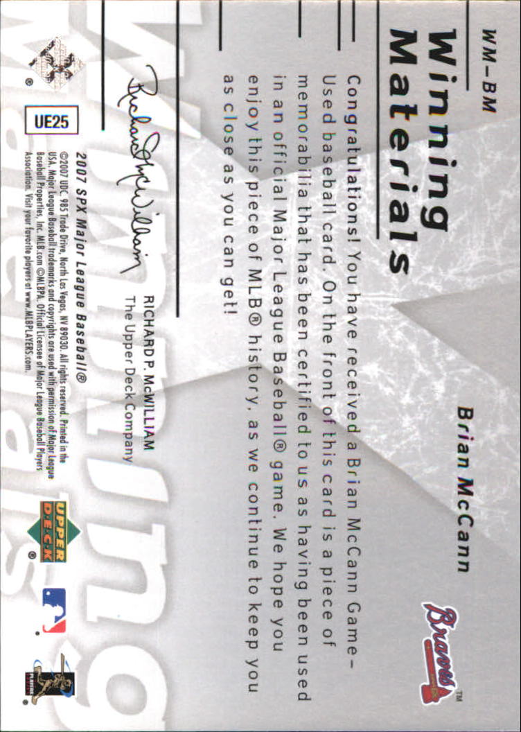 2007 SPx Winning Materials 199 Silver #BM Brian McCann/199 back image