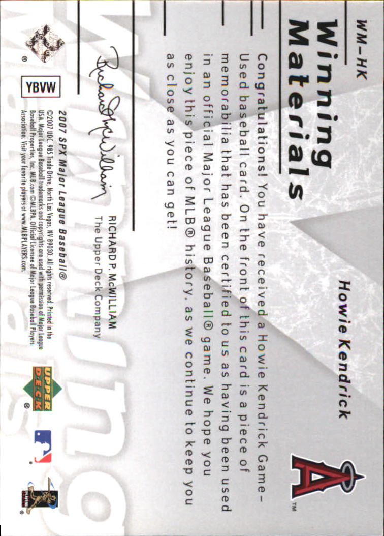 2007 SPx Winning Materials 199 Silver #HK Howie Kendrick/199 back image