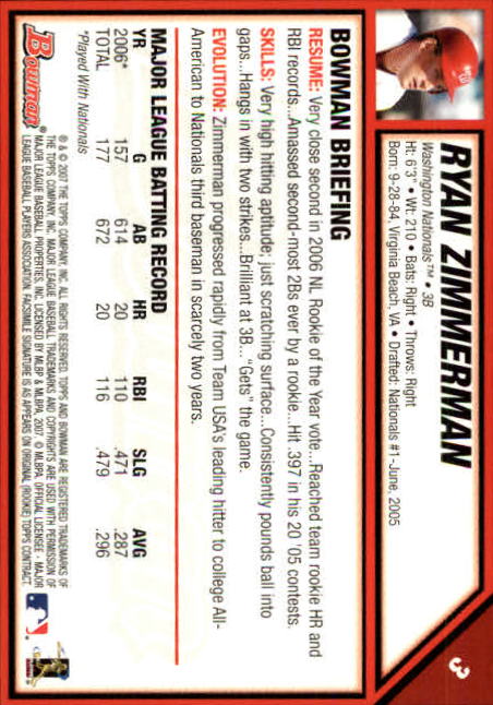 2007 Bowman #3 Ryan Zimmerman back image