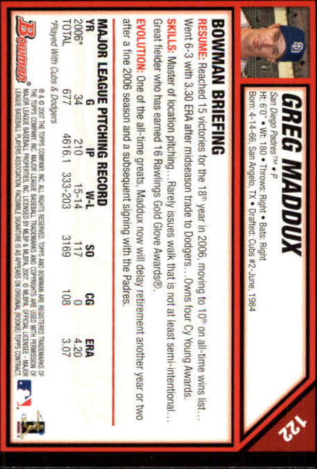 2007 Bowman #122 Greg Maddux back image