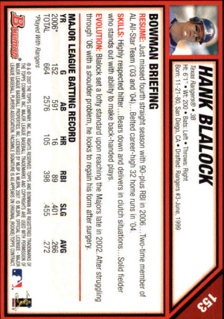 2007 Bowman #153 Hank Blalock back image