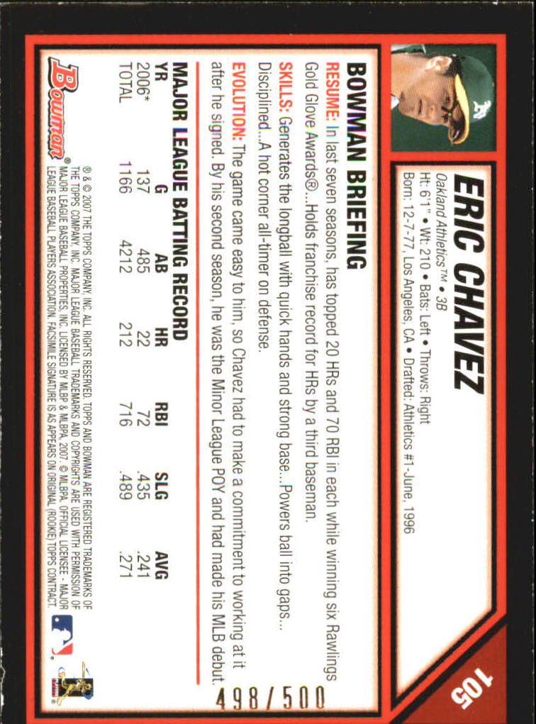 2007 Bowman Blue #105 Eric Chavez back image