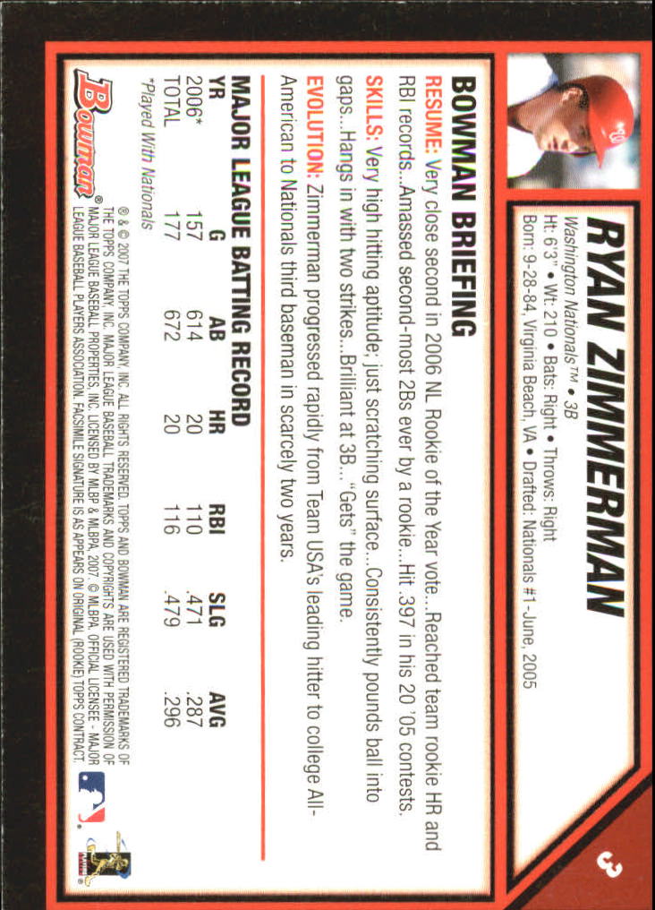 2007 Bowman Gold #3 Ryan Zimmerman back image