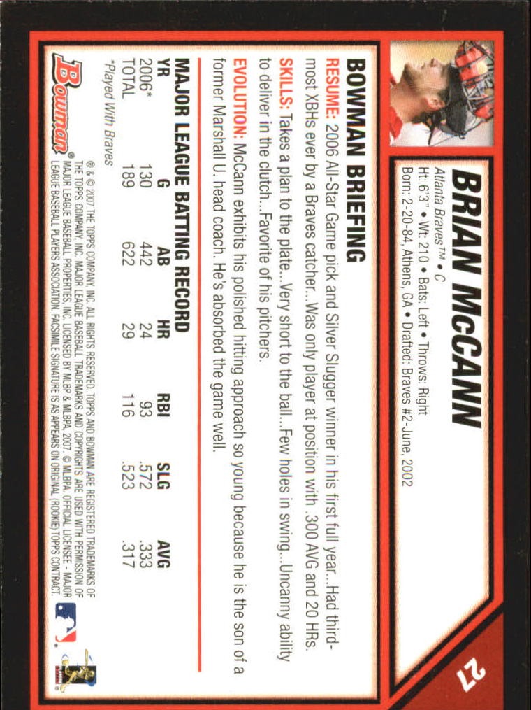 2007 Bowman Gold #27 Brian McCann back image