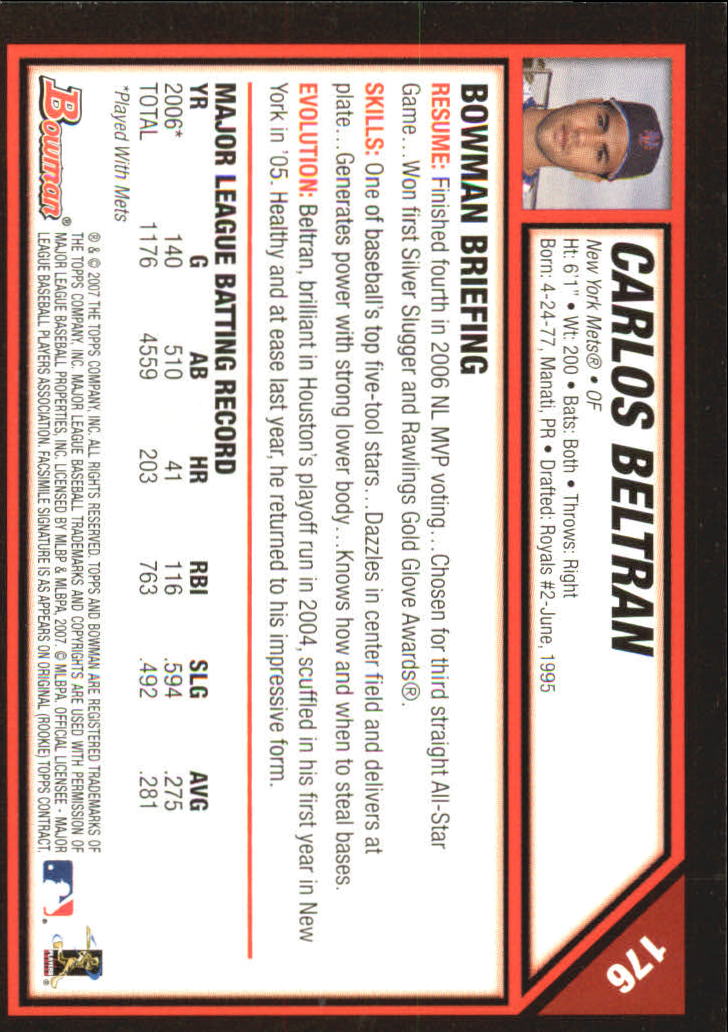 2007 Bowman Gold #176 Carlos Beltran back image