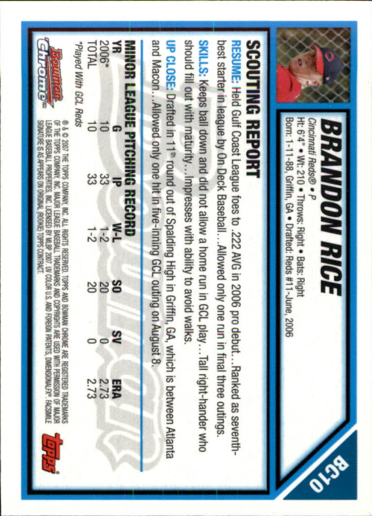2007 Bowman Chrome Prospects #BC10 Brandon Rice back image