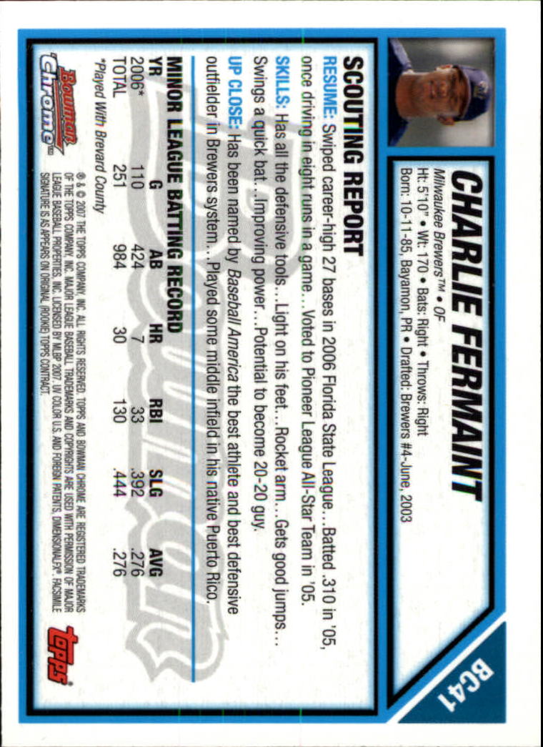 2007 Bowman Chrome Prospects #BC41 Charlie Fermaint back image