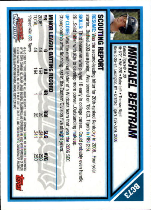 2007 Bowman Chrome Prospects #BC73 Michael Bertram back image