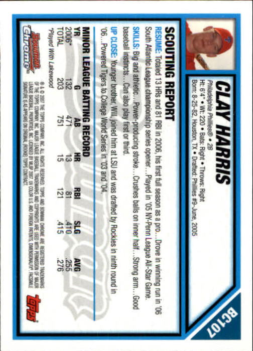 2007 Bowman Chrome Prospects #BC107 Clay Harris back image