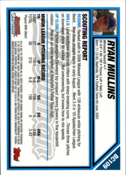 2007 Bowman Chrome Prospects #BC109 Ryan Mullins back image