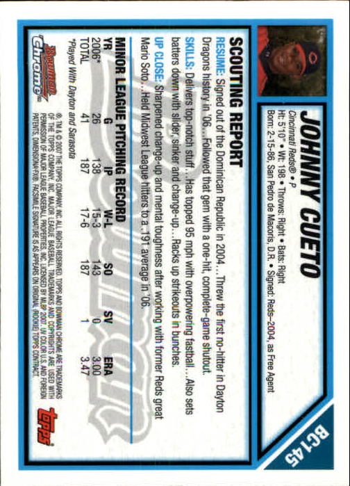 2007 Bowman Chrome Prospects #BC145 Johnny Cueto back image