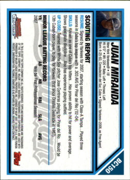 2007 Bowman Chrome Prospects #BC150 Juan Miranda back image