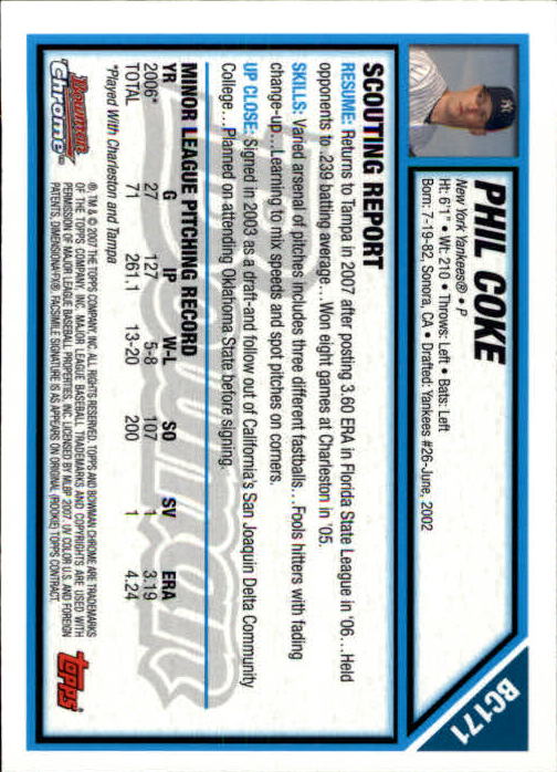 2007 Bowman Chrome Prospects #BC171 Phil Coke back image