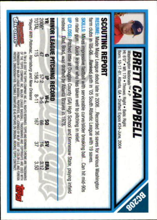 2007 Bowman Chrome Prospects #BC208 Brett Campbell back image