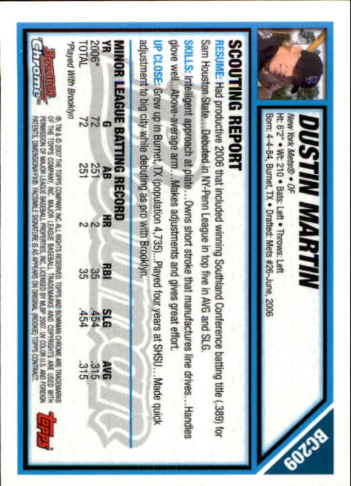 2007 Bowman Chrome Prospects #BC209 Dustin Martin back image