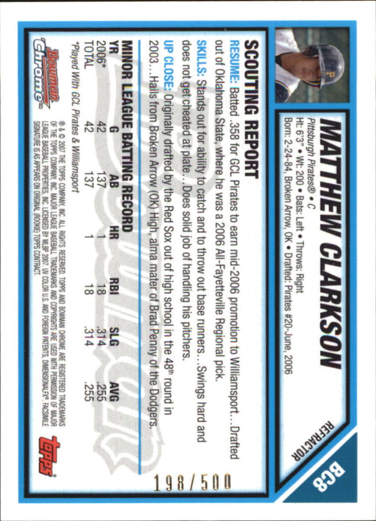 2007 Bowman Chrome Prospects Refractors #BC8 Matthew Clarkson back image
