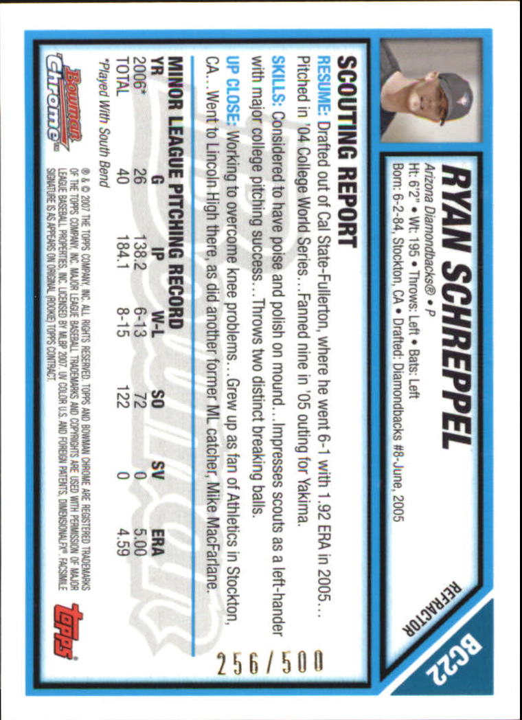 2007 Bowman Chrome Prospects Refractors #BC22 Ryan Schreppel back image
