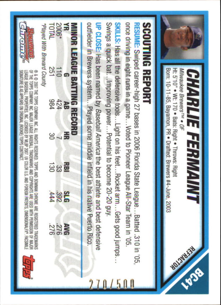 2007 Bowman Chrome Prospects Refractors #BC41 Charlie Fermaint back image