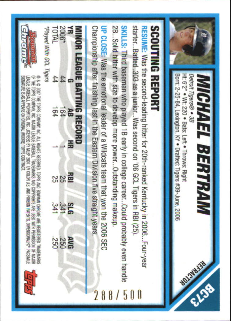 2007 Bowman Chrome Prospects Refractors #BC73 Michael Bertram back image