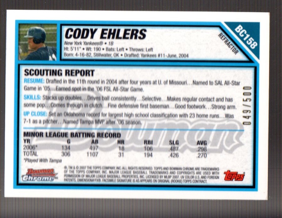2007 Bowman Chrome Prospects Refractors #BC158 Cody Ehlers back image