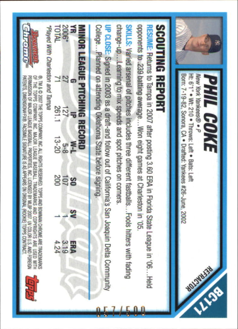 2007 Bowman Chrome Prospects Refractors #BC171 Phil Coke back image