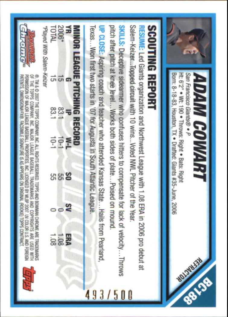 2007 Bowman Chrome Prospects Refractors #BC188 Adam Cowart back image