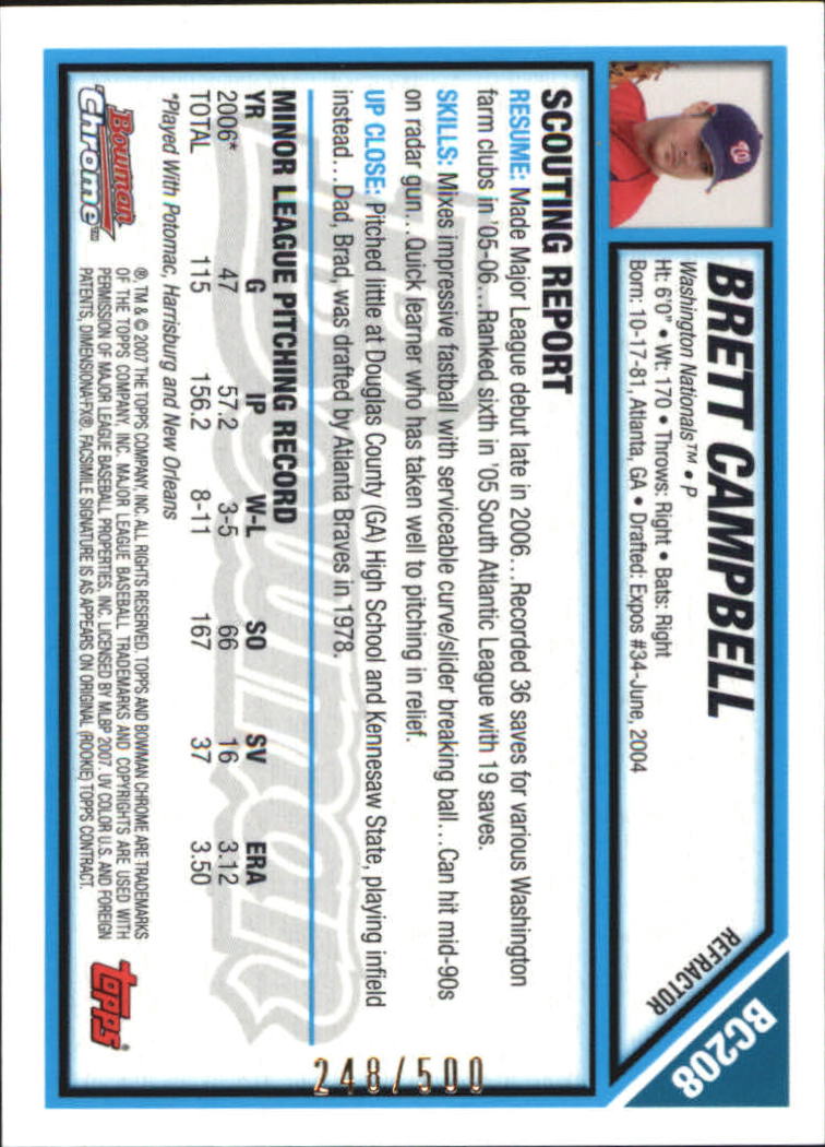 2007 Bowman Chrome Prospects Refractors #BC208 Brett Campbell back image