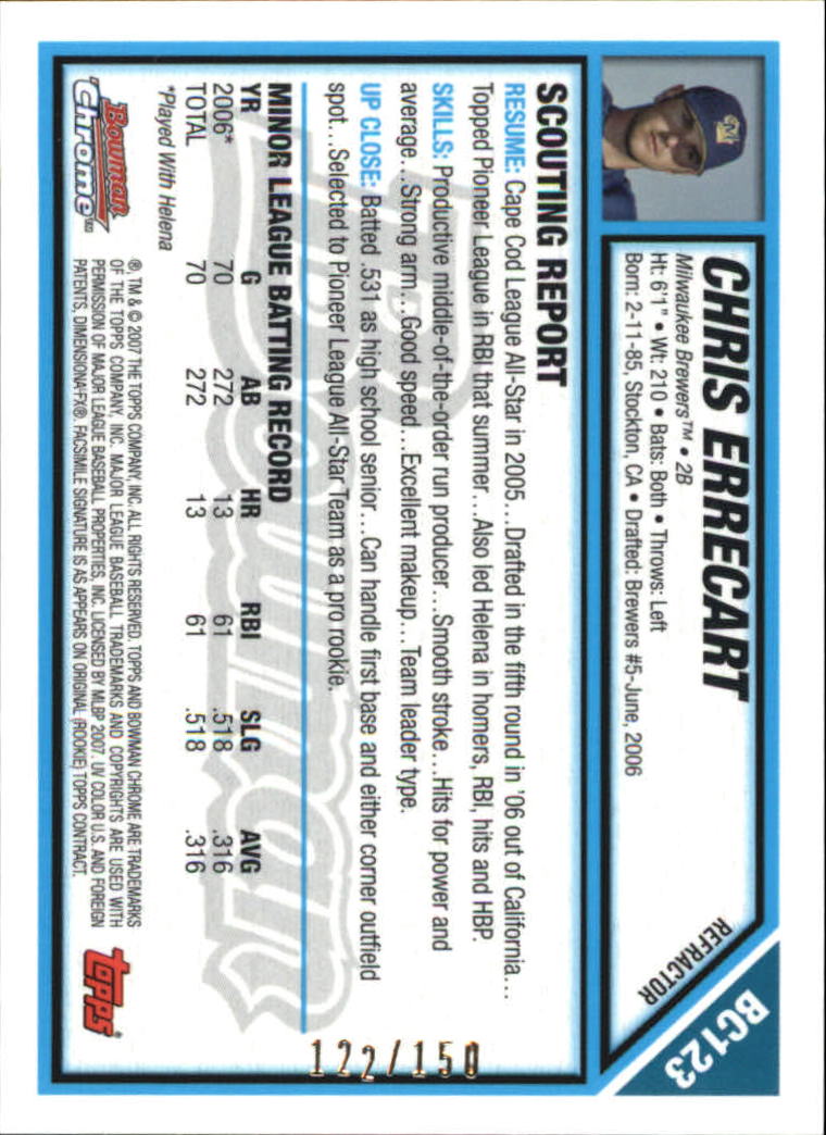 2007 Bowman Chrome Prospects Blue Refractors #BC123 Chris Errecart