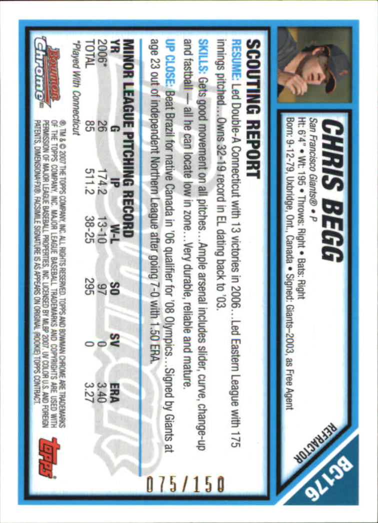 2007 Bowman Chrome Prospects Blue Refractors #BC176 Chris Begg