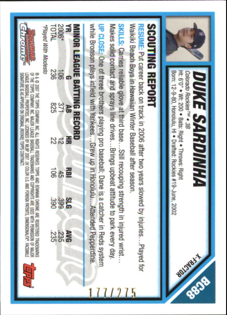 2007 Bowman Chrome Prospects X-Fractors #BC88 Duke Sardinha back image