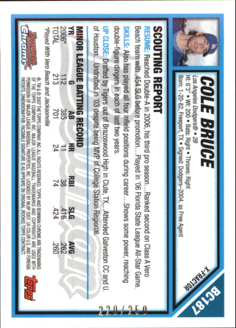 2007 Bowman Chrome Prospects X-Fractors #BC187 Cole Bruce back image
