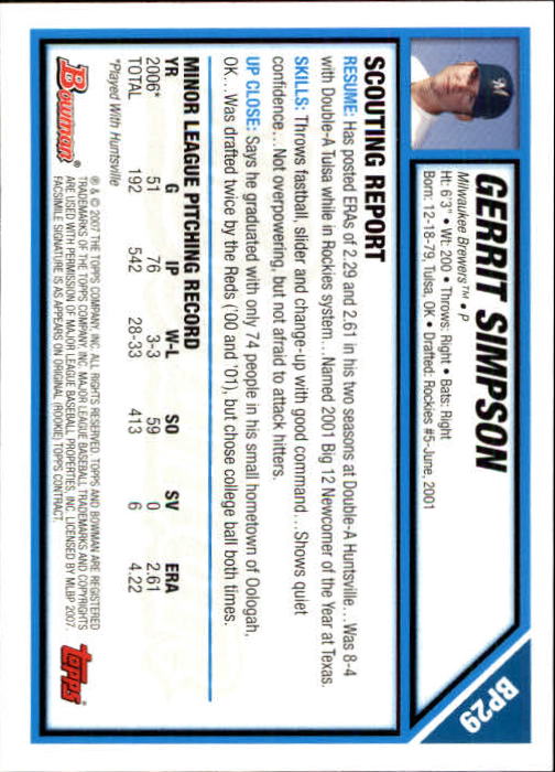 2007 Bowman Prospects #BP29 Gerrit Simpson back image