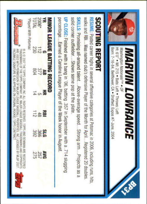 2007 Bowman Prospects #BP31 Marvin Lowrance back image