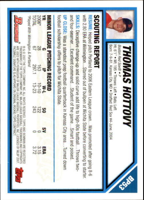 2007 Bowman Prospects #BP53 Thomas Hottovy back image