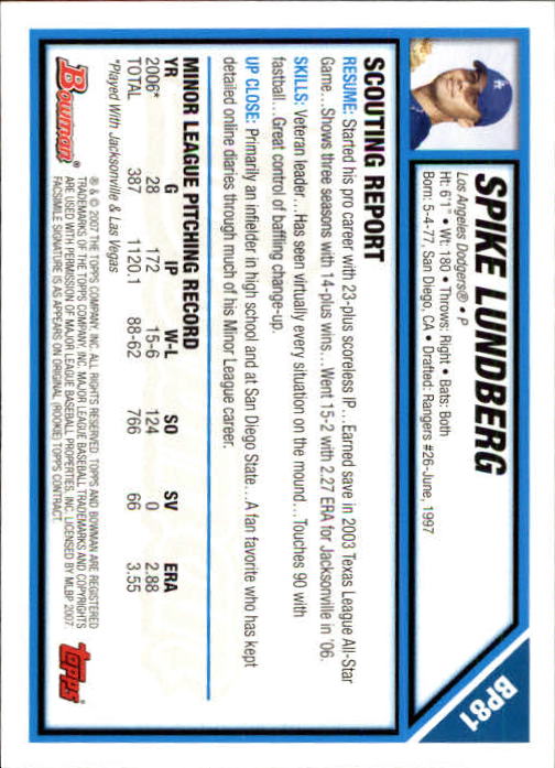 2007 Bowman Prospects #BP81 Spike Lundberg back image