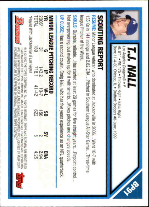 2007 Bowman Prospects #BP91 T.J. Nall back image