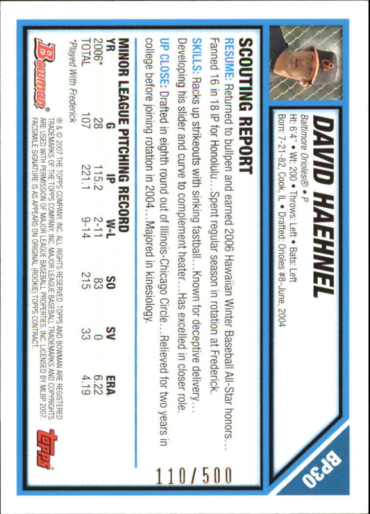 2007 Bowman Prospects Blue #BP30 David Haehnel back image
