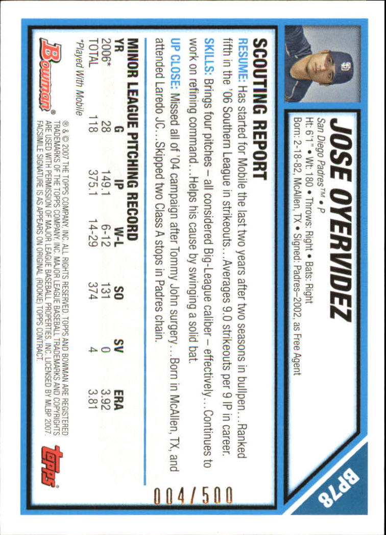 2007 Bowman Prospects Blue #BP78 Jose Oyervidez back image