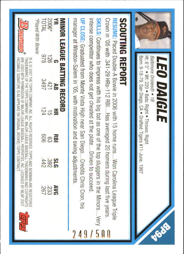 2007 Bowman Prospects Blue #BP94 Leo Daigle back image