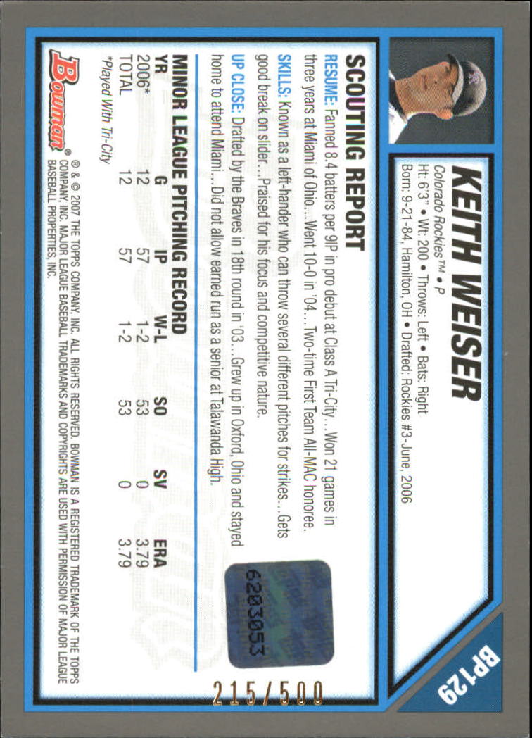 2007 Bowman Prospects Blue #BP129 Keith Weiser AU back image