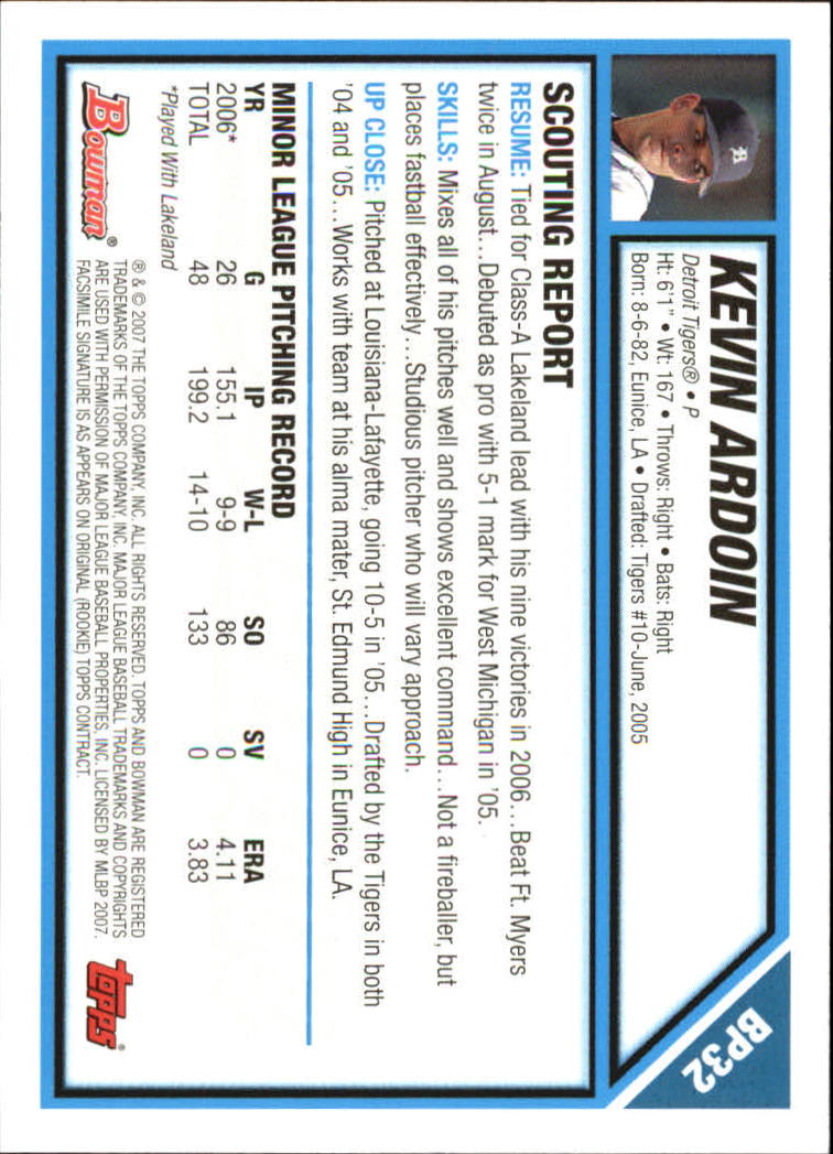 2007 Bowman Prospects Gold #BP32 Kevin Ardoin back image