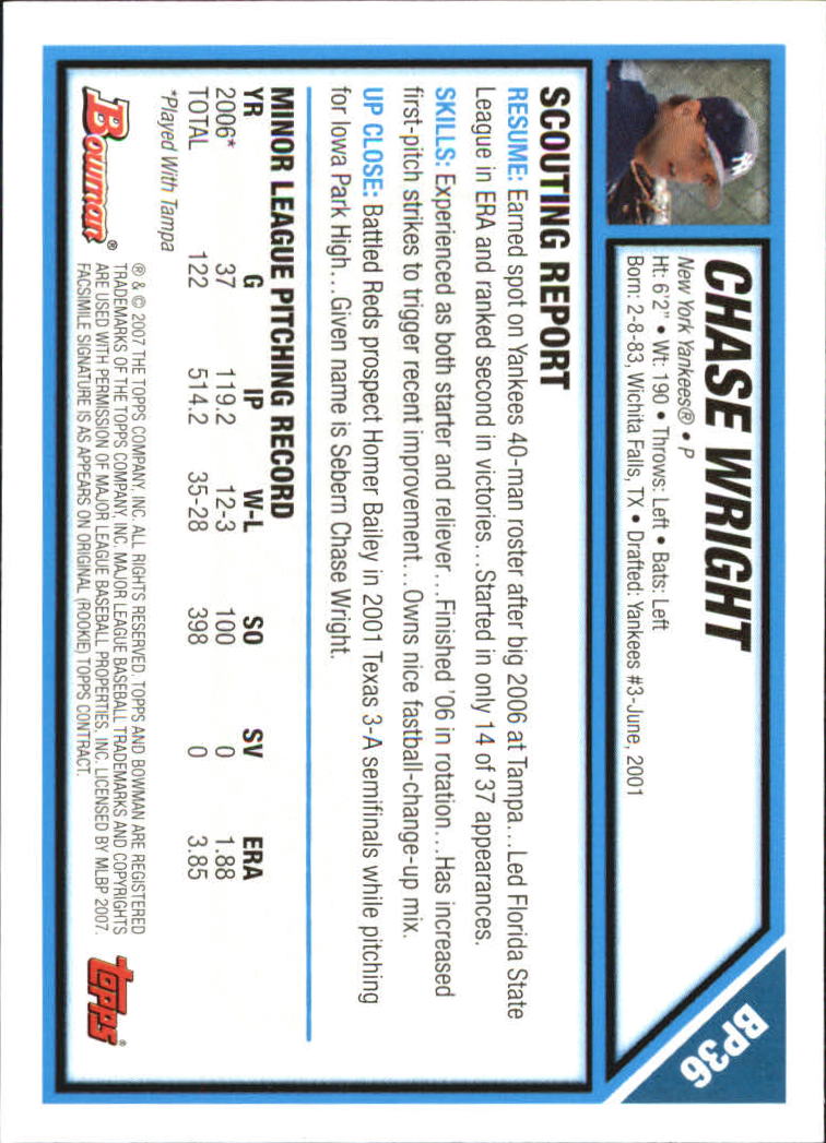 2007 Bowman Baseball "Prospects Gold" Parallel Cards - Picture 49 of 136