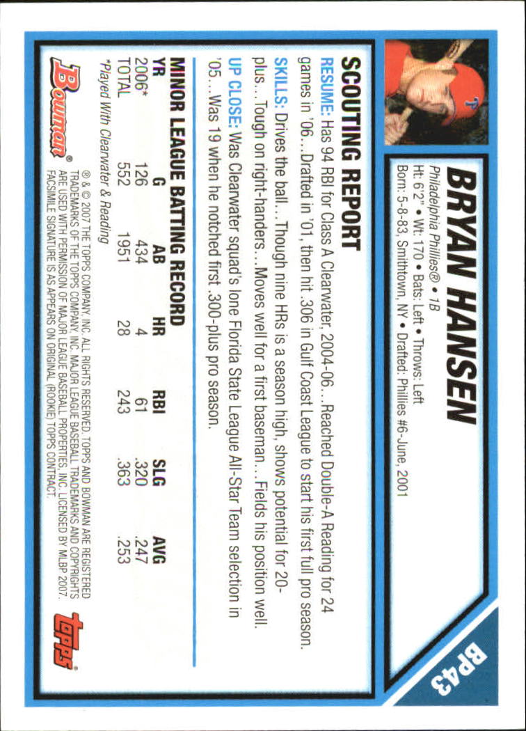 2007 Bowman Baseball "Prospects Gold" Parallel Cards - Picture 57 of 136